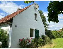 Weißes Einfamilienhaus mit Satteldach aus roten Ziegeln, einer offenen Fensterklappe in Grün und einer montierten Satellitenschüssel. Vor dem Haus blühen Rosenbüsche, umgeben von grüner Vegetation und einer Wiese im Vordergrund.