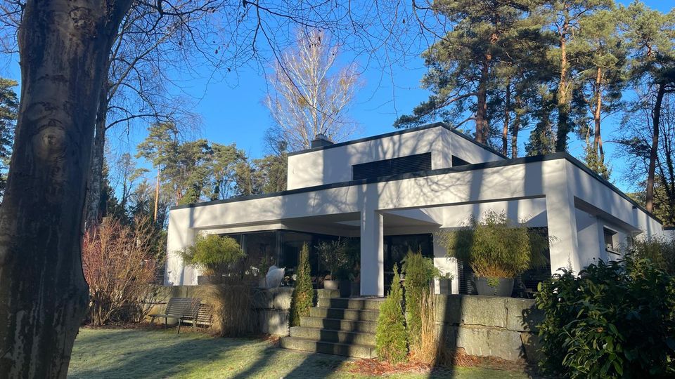 Modernes, weißes Flachdachhaus mit überdachter Terrasse, breiter Treppe und großen Glasfronten, umgeben von einem Garten mit Sträuchern und hohen Bäumen. Im Vordergrund liegt eine Rasenfläche, darüber ragen kahle Äste und Baumstämme vor blauem Himmel.