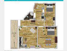 Grundriss einer Wohnung mit drei Haupträumen: Wohnzimmer, Hauptschlafzimmer und Innenhof-Schlafzimmer. Zu den weiteren Räumen gehören eine Küche, ein Flur und ein Badezimmer; die Böden bestehen durchgehend aus Holzoptik, während Möbel und Einrichtungsgegenstände im modernen Stil gehalten sind.