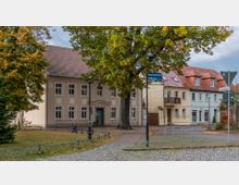 Straßenszene einer Kleinstadt mit einem historischen Rathaus links im Bild, erkennbar an seiner beigen Fassade und den weißen Fensterrahmen. Im Vordergrund Kopfsteinpflaster, ein großer Baum sowie ein Straßenschild mit der Aufschrift „Rathaus“ und „Tourist-Information“.