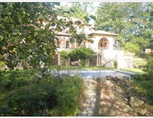 Große Villa mit heller Fassade und roten Dachziegeln, umgeben von einem gepflegten Garten mit Bäumen, Sträuchern und einem kleinen Teich. Im Vordergrund führt ein schmaler Pfad über mit Steinen gesäumte Begrünung zum Haus.