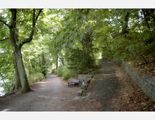 Ein Waldweg gabelt sich in zwei Pfade, die von hohen Bäumen und dichtem Grün umgeben sind; links ein unbefestigter Weg, rechts ein gepflasterter Weg mit einer Steinmauer entlang der Seite. Eine Bank steht nahe der Gabelung.