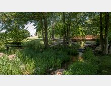 Waldartiger Park mit einem kleinen Bach, der an großen Steinen und dichtem Gras vorbeifließt, im Vordergrund eine Holzbank. Im Hintergrund führt eine hölzerne Brücke über den Bach, umgeben von Bäumen und Grünflächen.