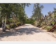 Ein gepflasterter Weg verläuft zwischen zwei geneigten Metallkonstruktionen, die mit zahlreichen Pflanzentöpfen bestückt sind. Birkenbäume und Sträucher säumen den Weg, im Hintergrund ist eine Hecke vor einem klaren Himmel zu sehen.