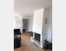 Wohnzimmer mit Holzboden, einem modernen Kamin mit weißem Marmor und einer schwarzen Glastür. Im Raum befinden sich ein schwarzer Ledersessel, ein Flachbildfernseher und ein grünes Sofa; im Hintergrund ist der Eingangsbereich sichtbar.