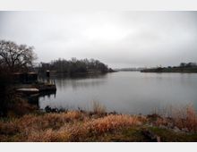 Flusslandschaft bei bewölktem Himmel, mit kahlen Bäumen am Ufer und Schilfgras im Vordergrund; links eine kleine Anlegestelle mit Holzstruktur, rechts eine flache Uferböschung.