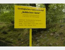 Gelbes Schild mit der Aufschrift „Geologisches Naturdenkmal ‚Kobbelner Stein‘“ vor einer grünen, bewaldeten Umgebung; darauf werden Informationen zu einem großen Findling aus Syenitgranit angegeben, einschließlich seiner Maße, seines Gewichts und seiner Herkunft von der Ostseeinsel Bornholm.