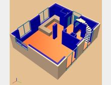 3D-Modell eines Gebäudegrundrisses mit blauen Wänden, orangefarbenem Boden und großen Fensterflächen. Eine Wendeltreppe befindet sich in der unteren rechten Ecke, und Innenwände trennen verschiedene Räume.