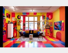 Farbenfrohes Wohnzimmer mit gelben und roten Wänden, dekoriert mit bunten Kunstwerken, Bildern und Installationen. Große Fenster lassen viel Licht herein, während das Zimmer mit einem schwarzen Sofa, einem weißen Teppich, Stühlen und einem stilisierten Boden in intensiven Farben ausgestattet ist.