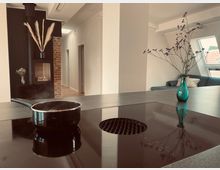 Moderne Wohnung mit offener Küche, die eine schwarze Kochplatte mit integriertem Dunstabzug zeigt, daneben ein Topf und eine Vase mit Zweigen. Im Hintergrund ein Kamin vor einer Ziegelwand, weiße Wände und ein großes Dachfenster mit Blick auf rote Ziegeldächer.