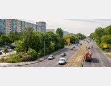 Eine mehrspurige Straße in einer urbanen Umgebung mit einem Mittelstreifen und Bäumen entlang der Fahrbahn. Im Hintergrund sind Wohngebäude sowie ein hoher Gebäudekomplex sichtbar, umgeben von dichtem Grün.