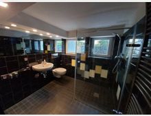 Modernes Badezimmer mit dunklen Fliesen, ergänzt durch gelbe und weiße Akzente. Das Zimmer verfügt über ein Waschbecken, eine wandmontierte Toilette, eine ebenerdige Dusche mit Glasabtrennung sowie ein Fenster, das Blick auf einen Gartenzaun bietet.