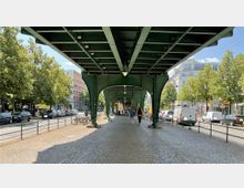 Überdachter Gehweg unter einer erhöhten Stahlkonstruktion einer Bahntrasse. Links und rechts sind Bäume, parkende Fahrzeuge und Geschäftsfassaden sichtbar, mit Fußgängern und Fahrrädern entlang des Gehwegs.