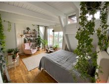 Ein Schlafzimmer mit Holzboden und sichtbaren weißen Holzbalken. Der Raum ist mit vielen Zimmerpflanzen dekoriert, hat ein graues Bett, einen rosa Sessel, ein Regal mit Pflanzen und Dekorationsgegenständen sowie ein großes Fenster, durch das Tageslicht eintritt.