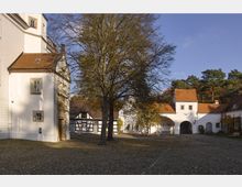 Innenhof eines historischen Gutshofs mit weiß verputzten Gebäuden, teils mit Fachwerkelementen und roten Ziegeldächern, gepflastertem Boden und einem großen Laubbaum in der Mitte. Im Hintergrund sind Wald und blauer Himmel zu sehen.