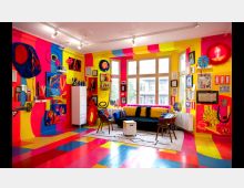 Ein bunt gestalteter Raum mit farbenfrohen Wänden in Gelb, Pink und Blau sowie künstlerischen Dekorationen. Der Raum enthält eine schwarze Couch mit bunten Kissen, Holzmöbel, eine weiße Kommode und große Fenster, durch die Tageslicht einfällt; die Gestaltung ist geprägt von abstrakter Kunst und dekorativen Elementen.