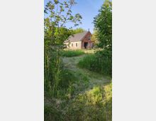 Ein kleines Backsteingebäude mit Satteldach steht in einer ländlichen Umgebung, umgeben von hohen Gräsern, Bäumen und einem schmalen gemähten Weg, der im Vordergrund sichtbar ist. Der Himmel ist klar und blau, was auf eine sonnige Wetterlage hindeutet.