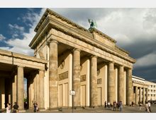 Das Bild zeigt das Brandenburger Tor in Berlin, ein monumentales, sandsteinfarbenes Bauwerk mit sechs dorischen Säulen und einer darauf stehenden Quadriga. Im Vordergrund sind Menschen auf dem Platz zu sehen, während der Himmel teils bewölkt ist.