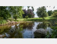 Ein Park mit einem kleinen Teich, umgeben von üppiger Vegetation, darunter Bäume, Sträucher und Schilf. Im Hintergrund sind eine Holzbank, grüne Wiesen und größere Bäume zu sehen.