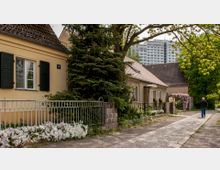 Straßenszene mit kleinen Wohnhäusern mit Satteldächern und Vorgärten, die von einem niedrigen Metallzaun umgeben sind. Im Hintergrund ist ein Hochhaus zu sehen, und ein gepflasterter Gehweg führt an blühenden Sträuchern und Bäumen entlang.