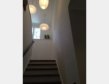 Treppenhaus mit weißen Wänden und dunklen Holzstufen, erleuchtet von drei hängenden Papierlampen. Oben an der Fensterbank stehen drei kleine Pflanzen in silbernen Töpfen vor einem Fenster, das Tageslicht einlässt.