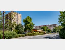 Eine Wohnsiedlung mit mehrstöckigen Gebäuden, umgeben von Bäumen und gepflegten Grünflächen. Im Vordergrund befindet sich ein kleiner Flachbau mit gelber Fassade, angrenzend an eine Straße mit Gehweg.