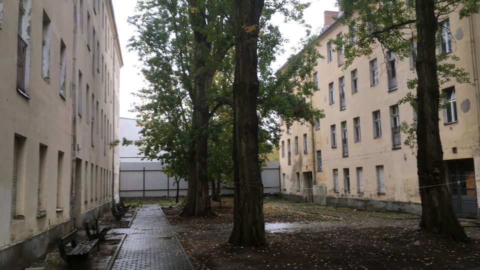 Innenhof zwischen mehrstöckigen, älteren Wohngebäuden mit hellen Fassaden und vielen Fenstern. Ein gepflasterter Weg mit Bänken führt an mehreren großen Bäumen vorbei über einen feuchten, teils unbefestigten Boden bis zu einer hohen Umzäunung am Ende des Hofs.
