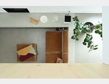 Blick von oben auf ein modernes Wohnzimmer mit einer braunen Polstercouch, einem passenden Hocker mit bunter Decke und einer großen grünen Zimmerpflanze in einem Terrakottatopf. Der Boden ist aus glattem Beton, und auf einer Betonablage stehen Deko-Objekte wie ein Holzbrett und flache Schalen.