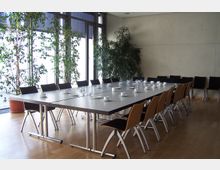 Konferenzraum mit einem großen rechteckigen Tisch, umgeben von schwarzen Stühlen mit Holzelementen. Der Raum hat bodentiefe Fenster, helle Holzböden und dekorative Zimmerpflanzen an den Wänden.