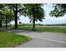 Landstraße am Rand eines Dorfes mit einem gelben Ortsschild, umgeben von Feldern und großen Bäumen; im Hintergrund sind verstreut liegende Häuser und ein Wald sichtbar.