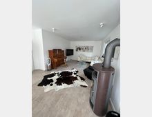 Wohnzimmer mit modernem Ofen im Vordergrund, hellem Fliesenboden und einem Teppich im Kuhfellmuster. Im Raum befinden sich ein braunes Klavier, eine beige Sofalandschaft, ein Glastisch und an der Wand ein Gemälde sowie ein Flachbildfernseher.