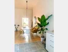 Essbereich in einer hellen Wohnung mit Holzboden, einem weißen Esstisch und verschiedenen Stühlen, darunter ein weißer und ein senfgelber Stuhl. Im Vordergrund sind graue Fliesenboden, eine Zimmerpflanze in einem großen weißen Topf sowie eine helle Küchenzeile zu sehen.