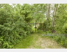 Metalltor, umgeben von dichtem Grün aus Büschen und Bäumen, mit einem grasbewachsenen Weg im Vordergrund und einer lichtdurchfluteten Umgebung im Hintergrund.