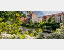 Stadtansicht mit einem Fluss im Vordergrund, umgeben von grünen Bäumen und Sträuchern, sowie mehrstöckigen Wohngebäuden mit roten Ziegeldächern und Fachwerkelementen im Hintergrund. Ein kleines Boot fährt auf dem Wasser, und eine schmale Metallbrücke führt über den Fluss.