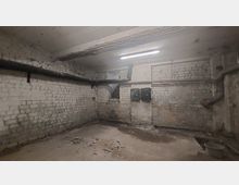 Ein leerer Kellerraum mit weiß gestrichenen Ziegelwänden, abgenutztem Boden und sichtbaren schwarzen Rohren an den Wänden. An der Rückwand befinden sich zwei grüne Kästen, und die Decke ist mit einer Leuchtstofflampe beleuchtet.