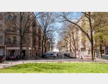 Straßenszene in einer urbanen Umgebung mit Wohnhäusern auf beiden Seiten, gesäumt von Bäumen mit zarten Frühlingstrieben. Im Vordergrund liegt eine grüne Rasenfläche, während auf der Straße parkende Autos, Fahrradständer und Menschen sichtbar sind.