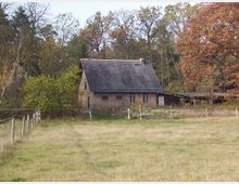 Backsteinbauernhaus mit Satteldach inmitten von Wiesen und umgeben von herbstlichen Bäumen; im Vordergrund ein einfacher Holzzaun.
