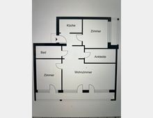 Grundriss einer Wohnung mit mehreren Räumen: Küche, Wohnzimmer, zwei Zimmer, ein Badezimmer und ein Ankleidezimmer. Türen verbinden die Räume, und das Wohnzimmer hat mehrere Zugänge sowie einen Balkon.