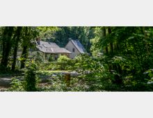 Zwei Wohnhäuser inmitten einer bewaldeten Umgebung, umgeben von dichtem Grün und Bäumen. Im Vordergrund sind Büsche und ein schmaler Weg zu erkennen, die die Häuser teilweise verdecken.