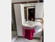 Badezimmer mit weißer Waschtischanlage, bestehend aus Schränken, einem Spiegel und einem eingelassenen Waschbecken. Links steht eine Duschkabine mit gebogener Glastür, der Boden ist gefliest, und die Wandfliesen sind braun. Ein pinkes Handtuch hängt am Waschbecken.