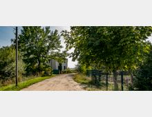 Ländliche Szene mit einem unbefestigten Weg, der von hohen Bäumen gesäumt ist, und einem weißen zweigeschossigen Gebäude im Hintergrund. Der Weg ist von Zäunen und grüner Vegetation umgeben.