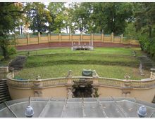 Historischer Gartenbereich mit symmetrischen Treppen und Balustraden, einer Rasenfläche in der Mitte und einer gelb gekachelten Backsteinmauer im Hintergrund, umgeben von großen, dicht belaubten Bäumen. Im Vordergrund sind dekorative Elemente und eine Glasüberdachung sichtbar.