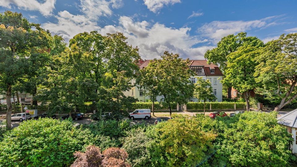 Blick über dichte, grüne Baumkronen auf eine ruhige Wohnstraße mit geparkten Autos und eine mehrstöckige Villa mit hellem Putz und rotem Ziegeldach. Im Hintergrund sind weitere Bäume und ein blauer Himmel mit Wolken zu sehen.