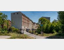 Ein moderner Fuß- und Radweg führt über eine kleine Brücke aus Metallgeländern in eine Stadtstraße mit mehrstöckigen Altbauten. Umgeben ist der Weg von Bäumen, Sträuchern und Grünflächen, die das städtische Umfeld auflockern.