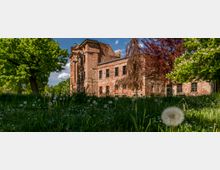 Backsteinruine eines historischen Gebäudes inmitten einer grünen Wiese, umgeben von Bäumen mit dichtem Laub und blühenden Pusteblumen im Vordergrund. Der Himmel ist teils bewölkt mit sonnigen Abschnitten.