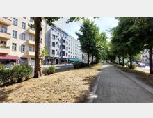 Straßenansicht mit Wohnhäusern auf der linken Seite, darunter ein Gebäude mit hellbeiger Fassade und Ladengeschäften im Erdgeschoss, und einem Gehweg, der von Bäumen gesäumt ist. Rechts führt ein breiter Weg durch eine begrünte Fläche entlang der Straße.