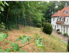 Ein weißes zweistöckiges Haus mit roten Dachziegeln steht am Rand eines Hügels, umgeben von Bäumen und Sträuchern. Im Vordergrund befindet sich ein schräger, grasbewachsener Hang mit einem schwarzen Metallzaun und Blättern eines Baumes.