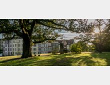 Grüne Parklandschaft mit großen, schattenspendenden Bäumen im Vordergrund, dahinter ein Ensemble historischer mehrstöckiger Wohnhäuser mit abwechslungsreicher Fassadengestaltung. Die tiefstehende Sonne wirft lange Schatten und erhellt die Szene.