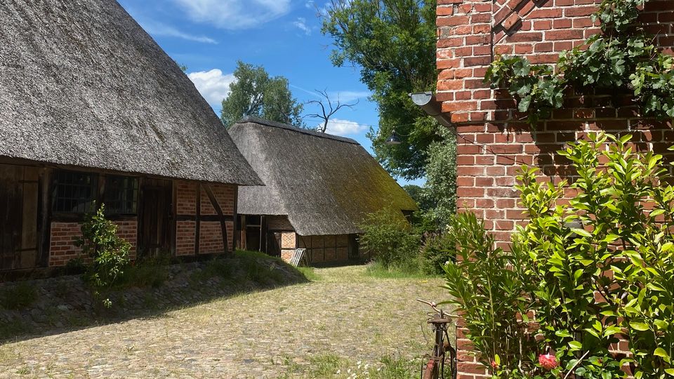 Kopfsteingepflasterter Hof zwischen traditionellen Fachwerkhäusern mit Reetdächern und einem roten Backsteingebäude. An der Backsteinwand rankt Efeu, davor stehen Pflanzkübel mit Blumen; im Hintergrund sind Bäume und blauer Himmel zu sehen.