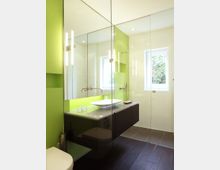 Modernes Badezimmer mit grün gestrichenen Wänden, großen Glasflächen und dunklem Holzboden. Ein wandmontierter Waschtisch mit weißem Becken und ein Fenster mit Blick ins Freie sind zu sehen.